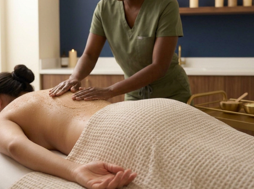 hands applying exfoliating scrub to back