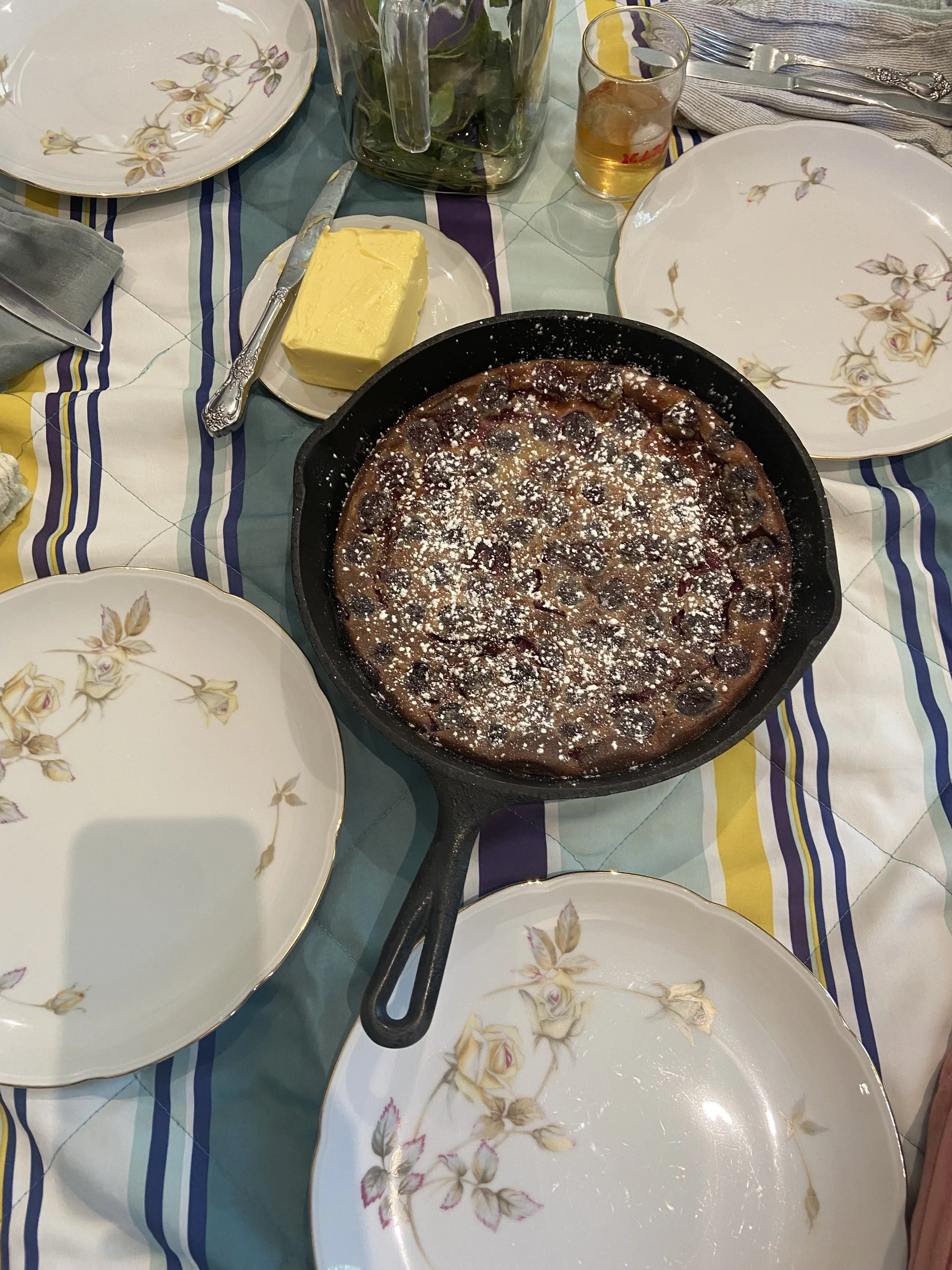a clafoutis in a cast iron pan