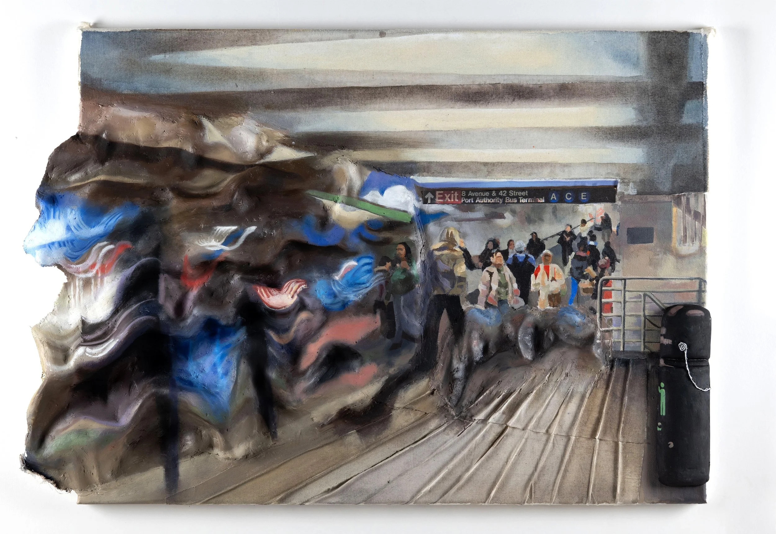 Subway Journey, oil, muslin, plaster cloth, and clay on canvas, 18 x 26 x 1.5”, 2025