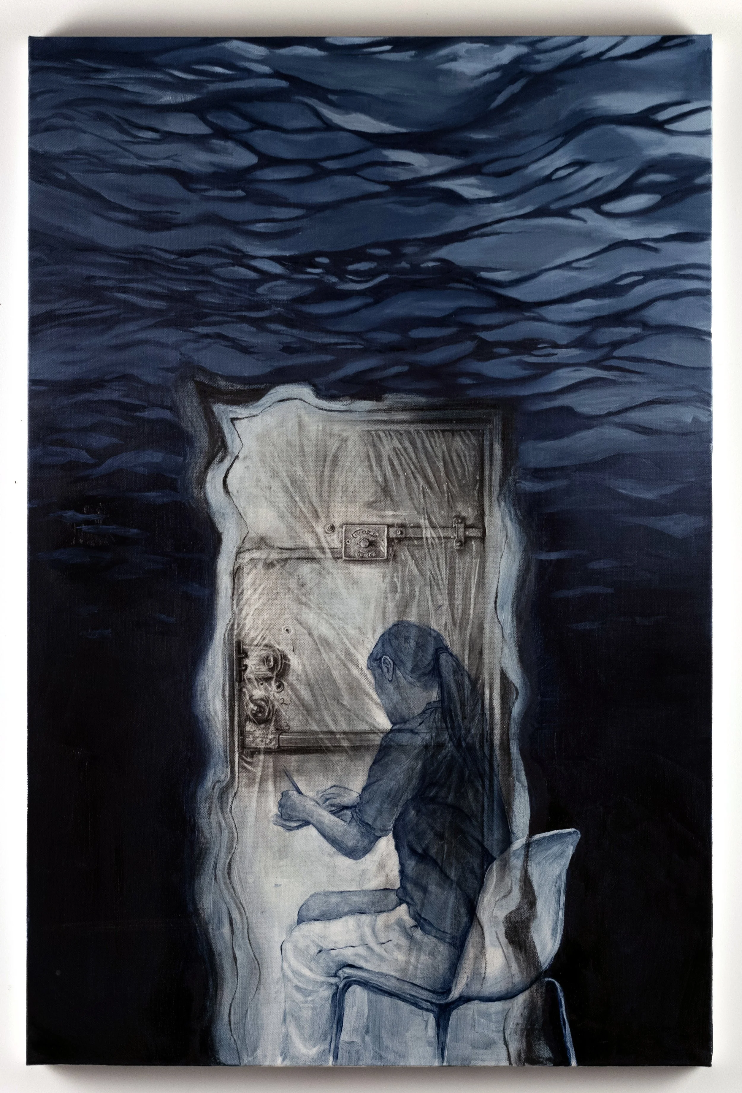 Silence, oil and charcoal on canvas, 36 x 24”, 2024
