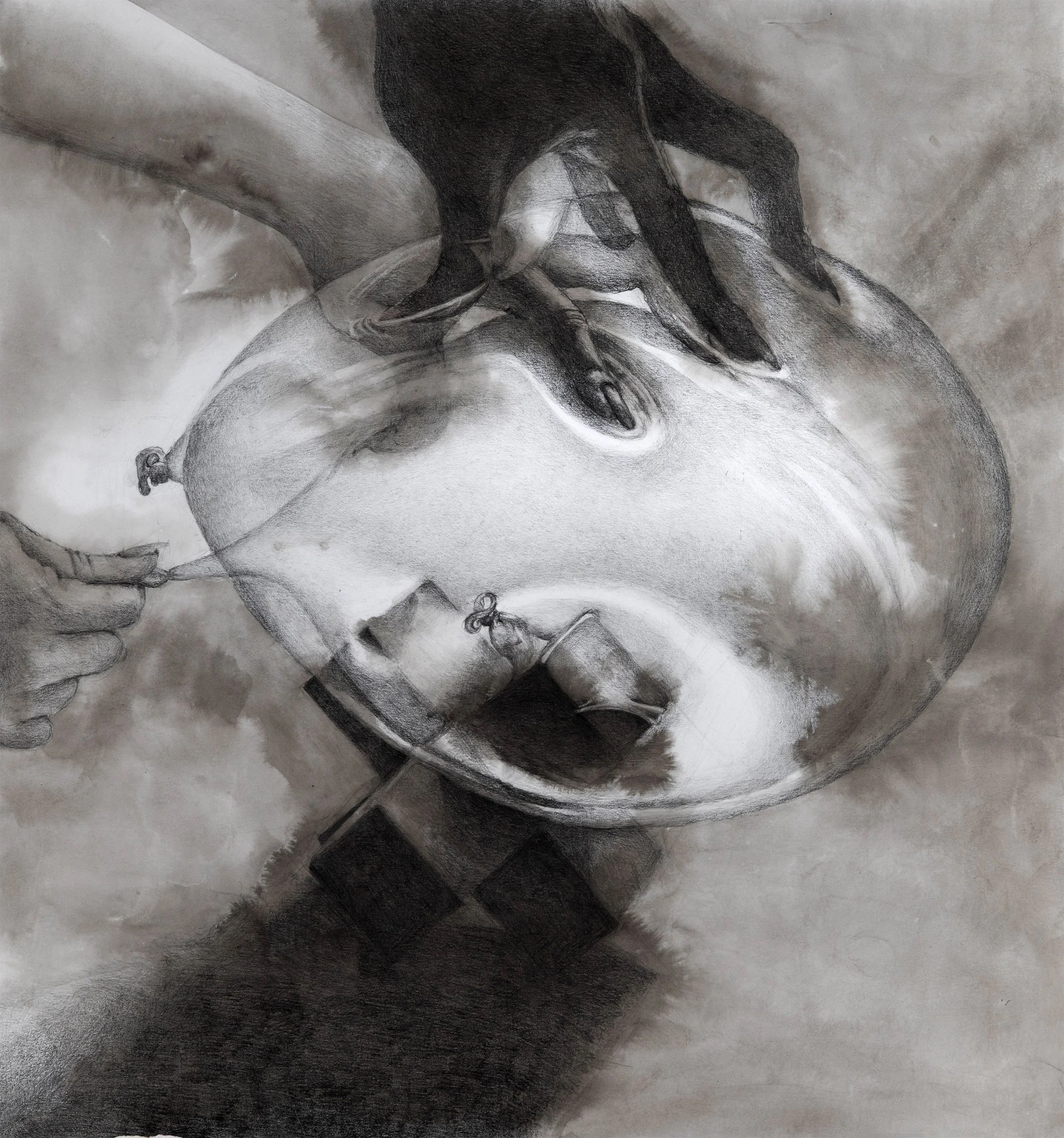 To Decompress, graphite and ink on paper, 17 x 16”, 2025