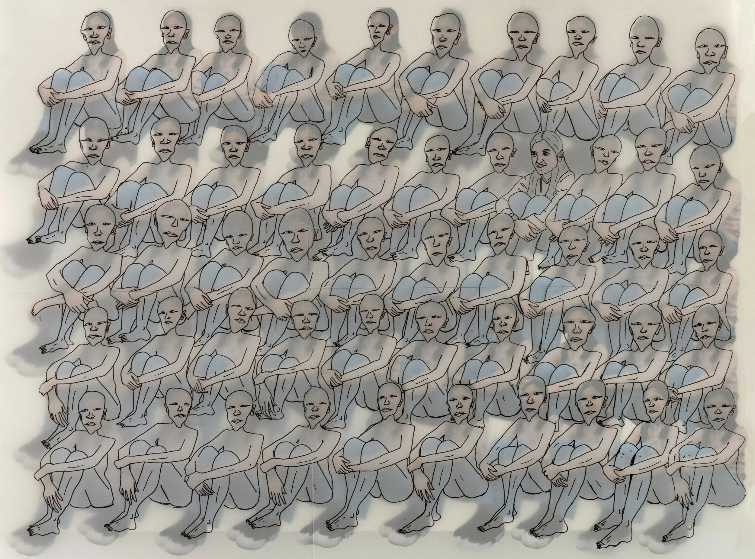 The Odd One, micron pen on tracing paper, collage on paper, 15 x 21”, 2024
