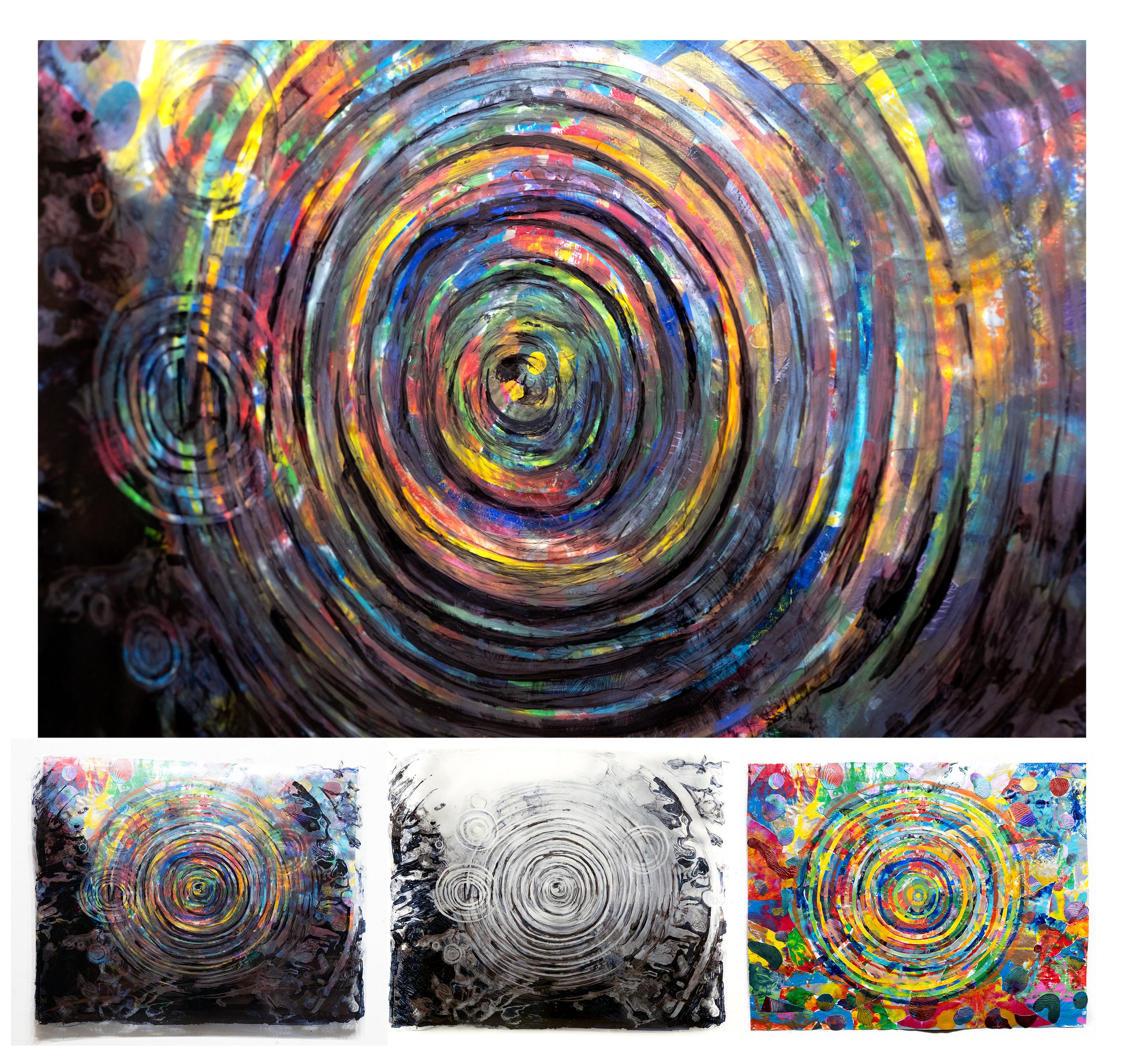 Abstract artwork featuring concentric circles with vibrant multicolored patterns