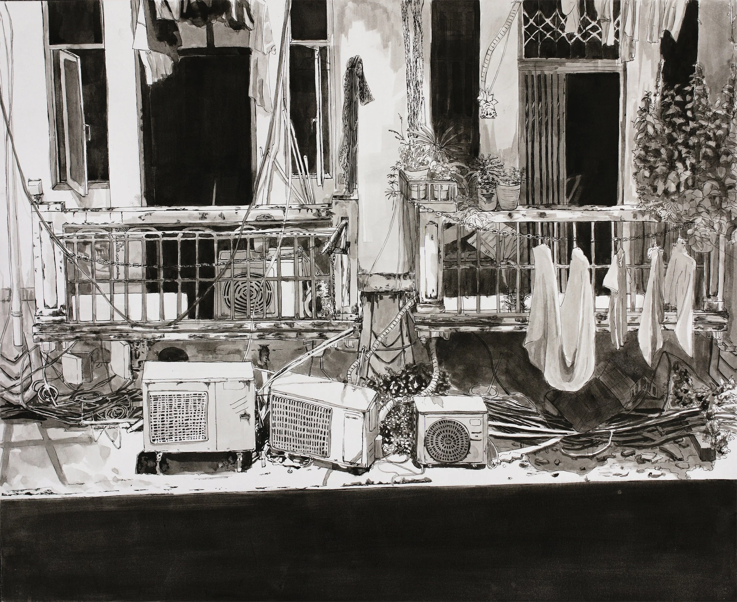 Balcony, micron pen and ink on paper, 14 x 17”, 2023