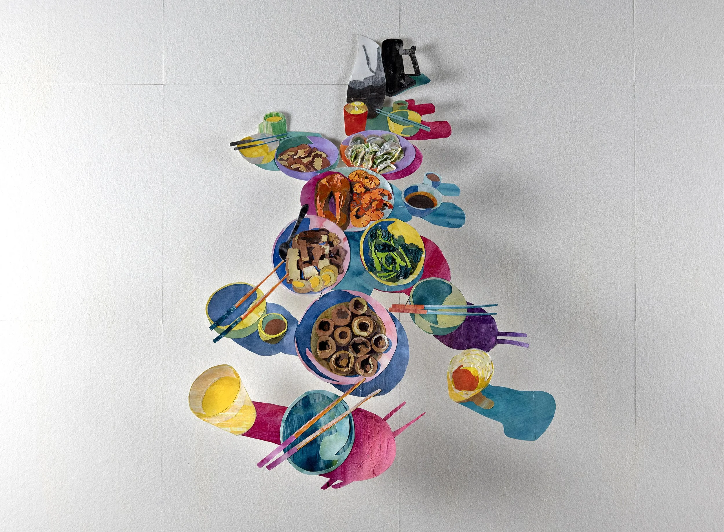 Lunar New Year Feast, watercolor and ink, collage on paper, 22.5 x 17”, 2025