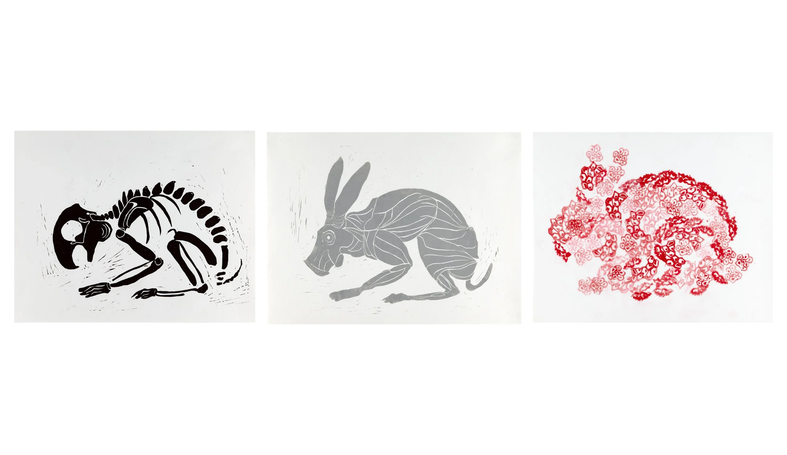 Lychee Rabbit, linoleum prints on paper, 8.5 x 11” each, 2025