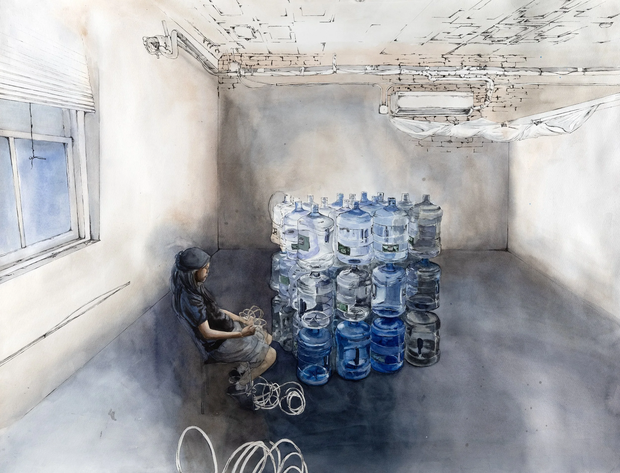 Water Outage, micron pen, watercolor, and acrylic on paper, 27 x 36”, 2025