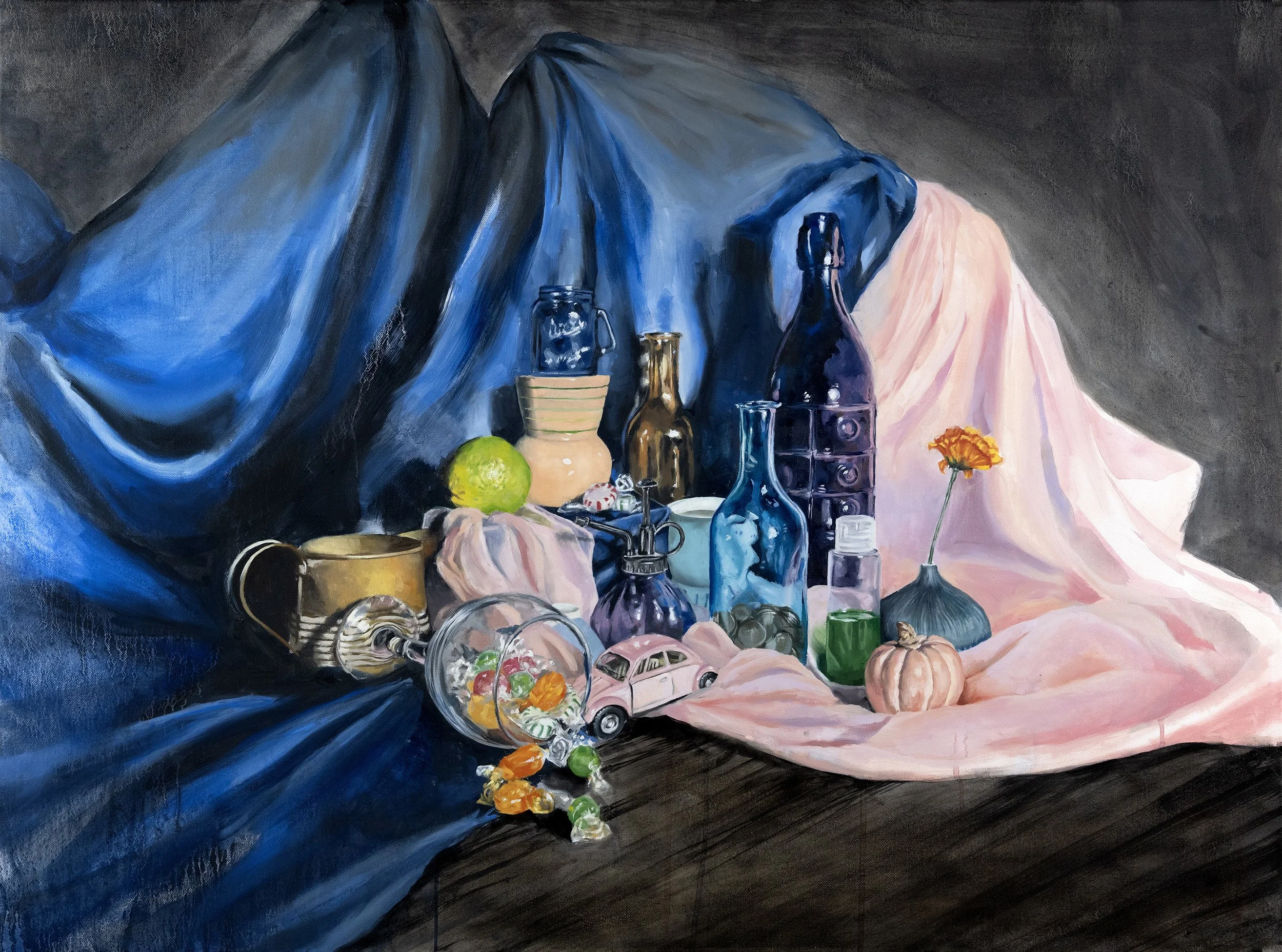 Blue and Pink Still Life, oil on canvas, 30 x 40”, 2025
