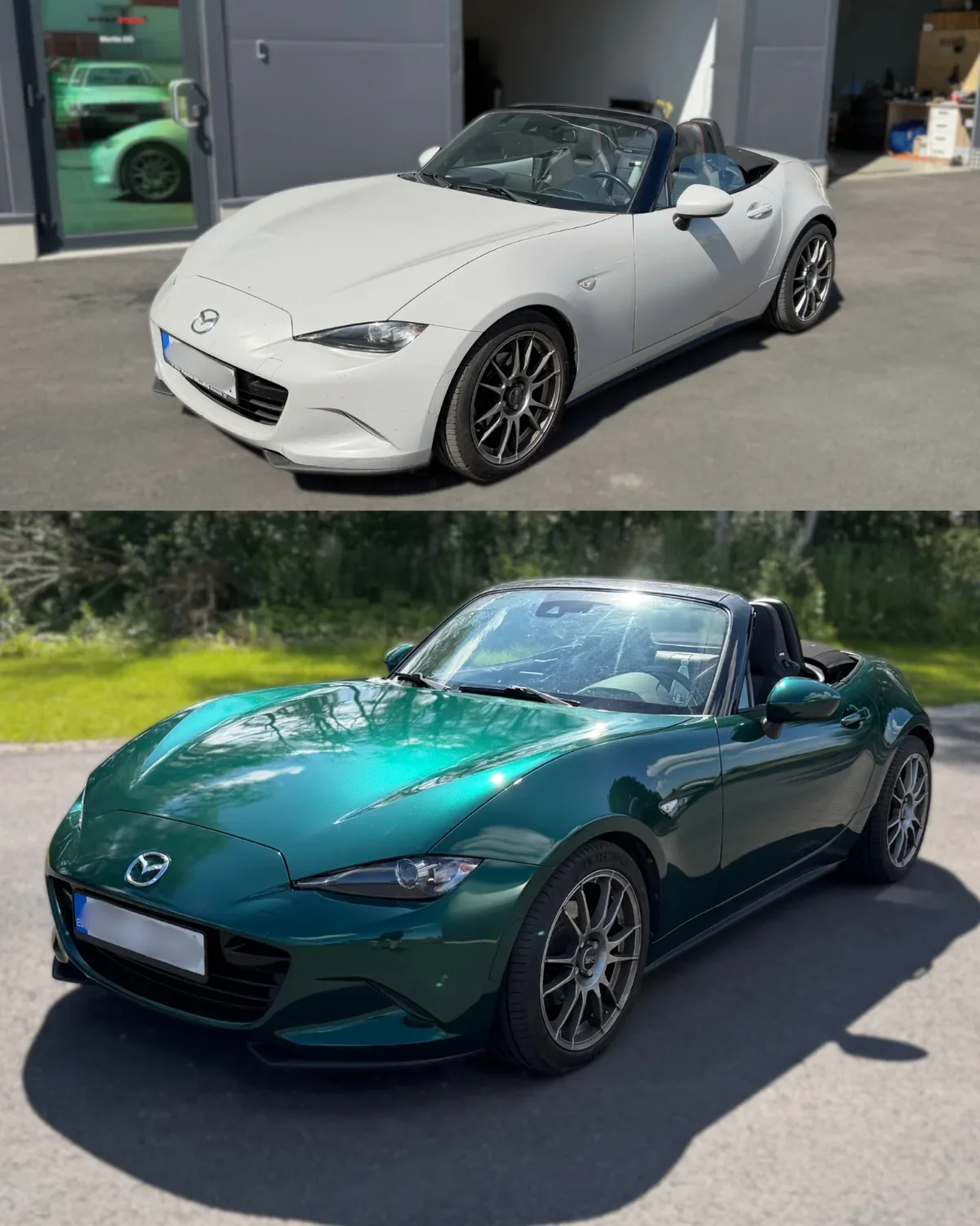 Valge Mazda MX-5 enne kiletamist ja metallikroheline Mazda MX-5 pärast täiskiletamist.