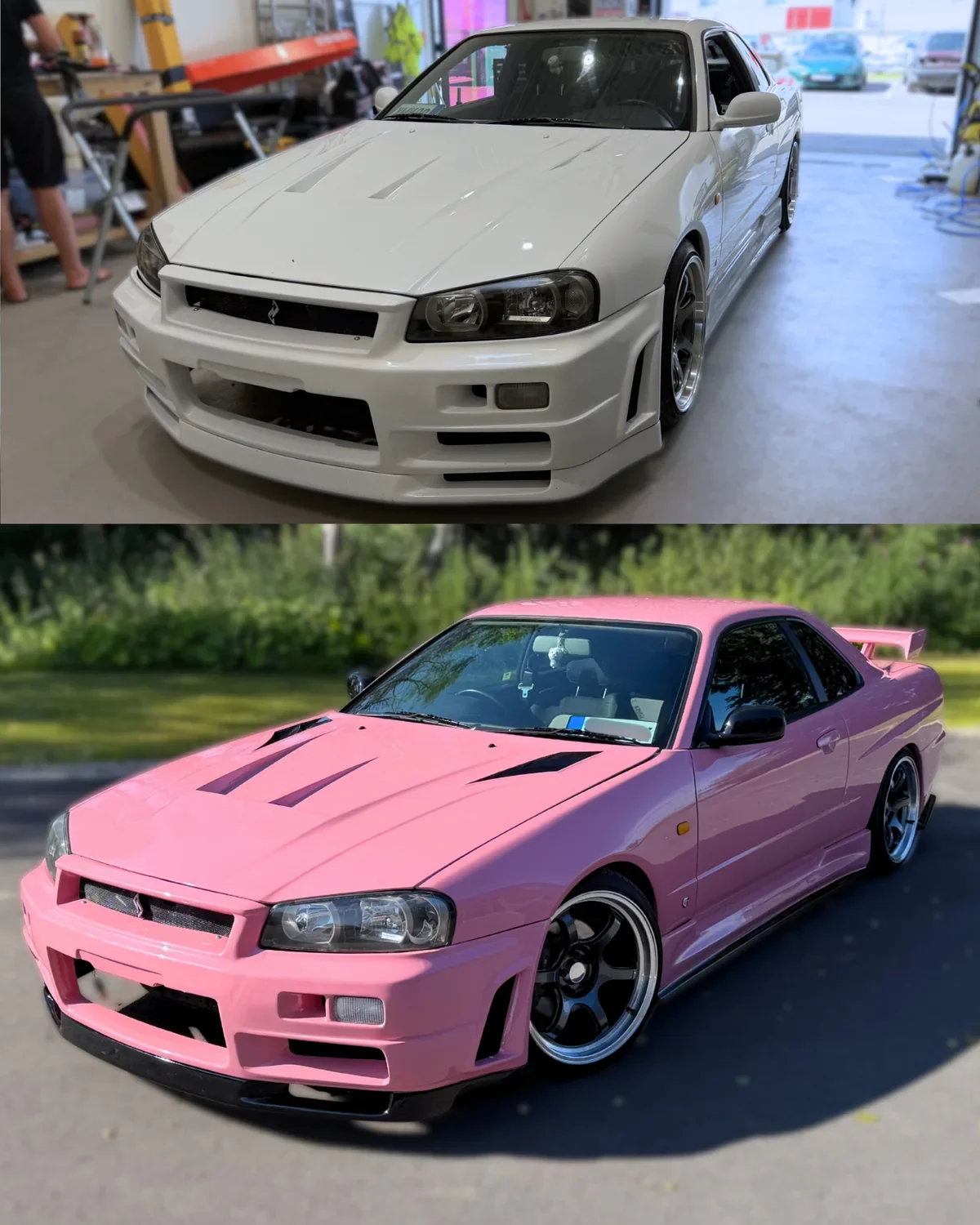 Valge Nissan Skyline R34 enne kiletamist ja roosa Nissan Skyline pärast täiskiletamist.