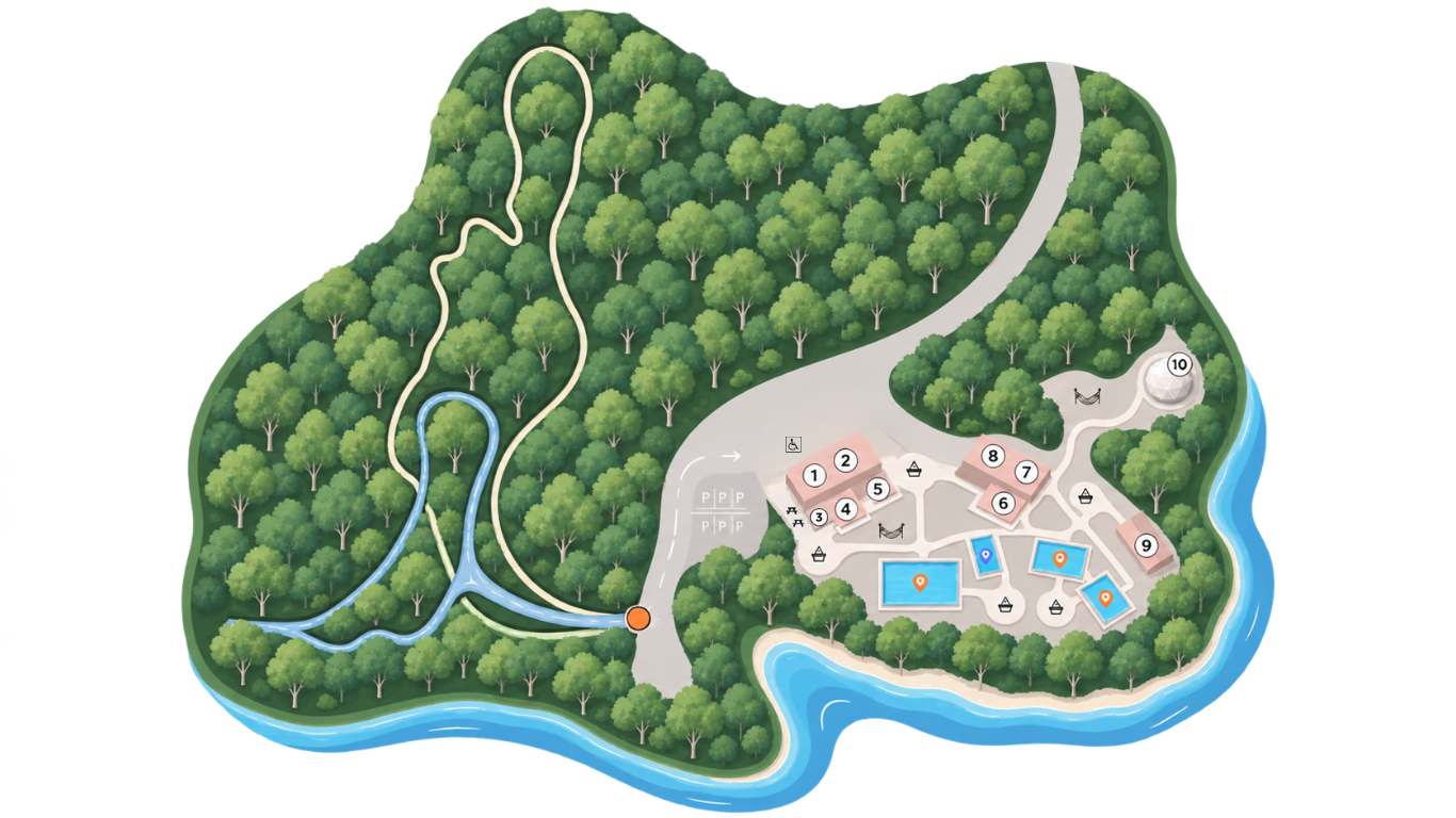 Illustrated property map of Saltair Nordic Spa, showing the grounds, Guest Services, change rooms, café, saunas, pools, rest areas, Yoga & Gathering Dome, parking, Coastal Trail, Forest Loop and Bay of Fundy coastline.