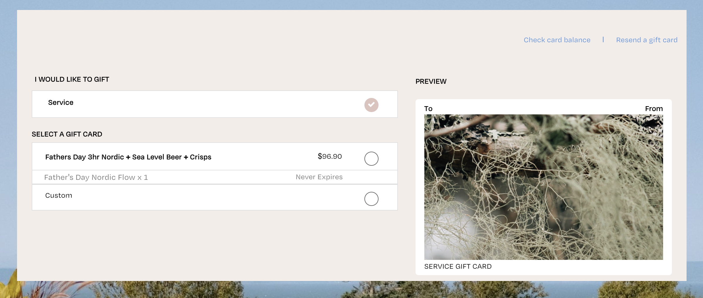 Online gift card purchase webpage with a close-up of dried moss or lichen on the right side, light pink background, and options for gift selection, including Fathers Day Nordic beer gift card.