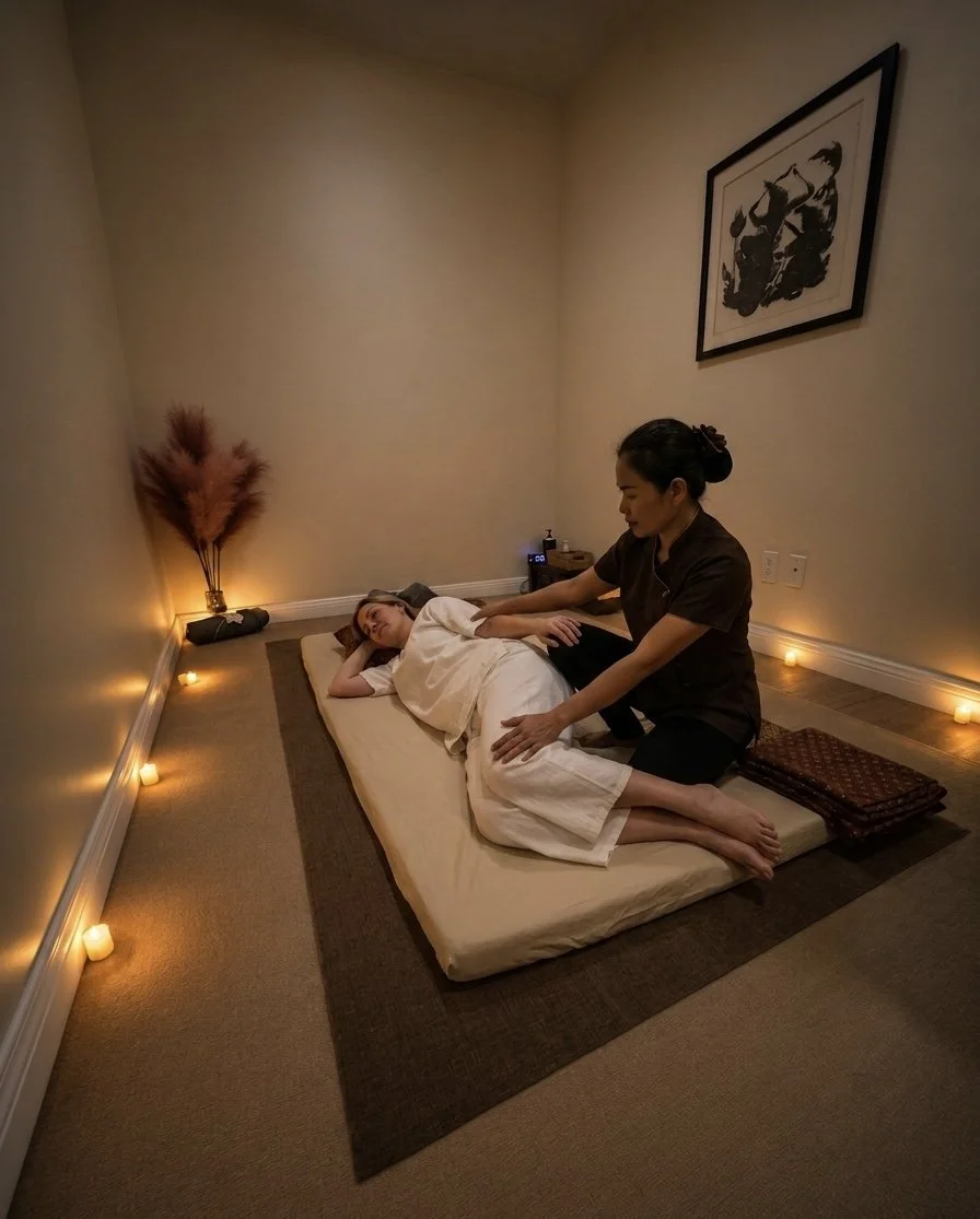 A woman receives a massage in a cozy room with a framed black and white artwork on the wall and tall decorative feathers in the corner, viewed through patterned curtains.