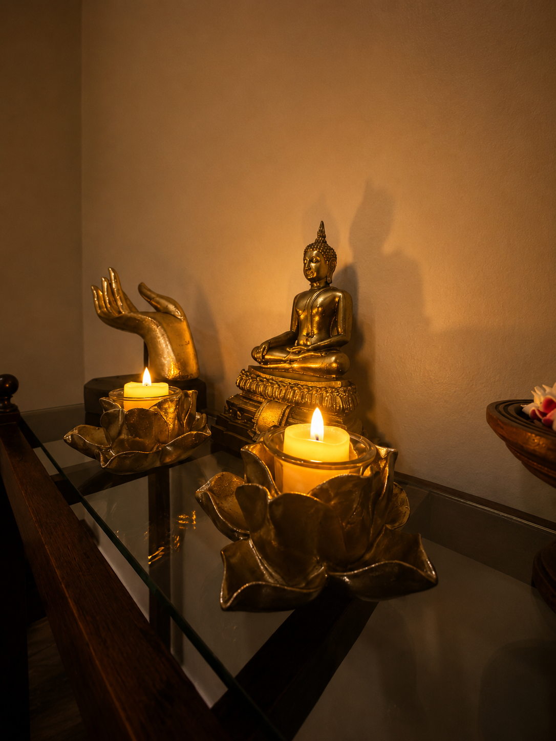 Hindu deity statue with hands in prayer, on a decorated base, next to a small wooden tray with a flower garland and flower arrangements.