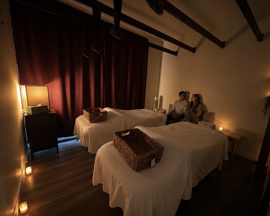 A woman receiving hot stone massage on her back in a spa setting.