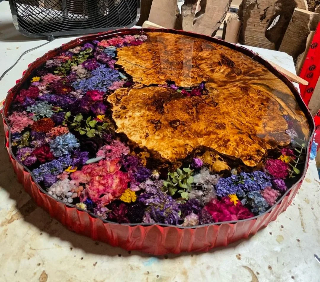 Resin table - Round maple burl live edge wood table with preserved flowers in epoxy resin