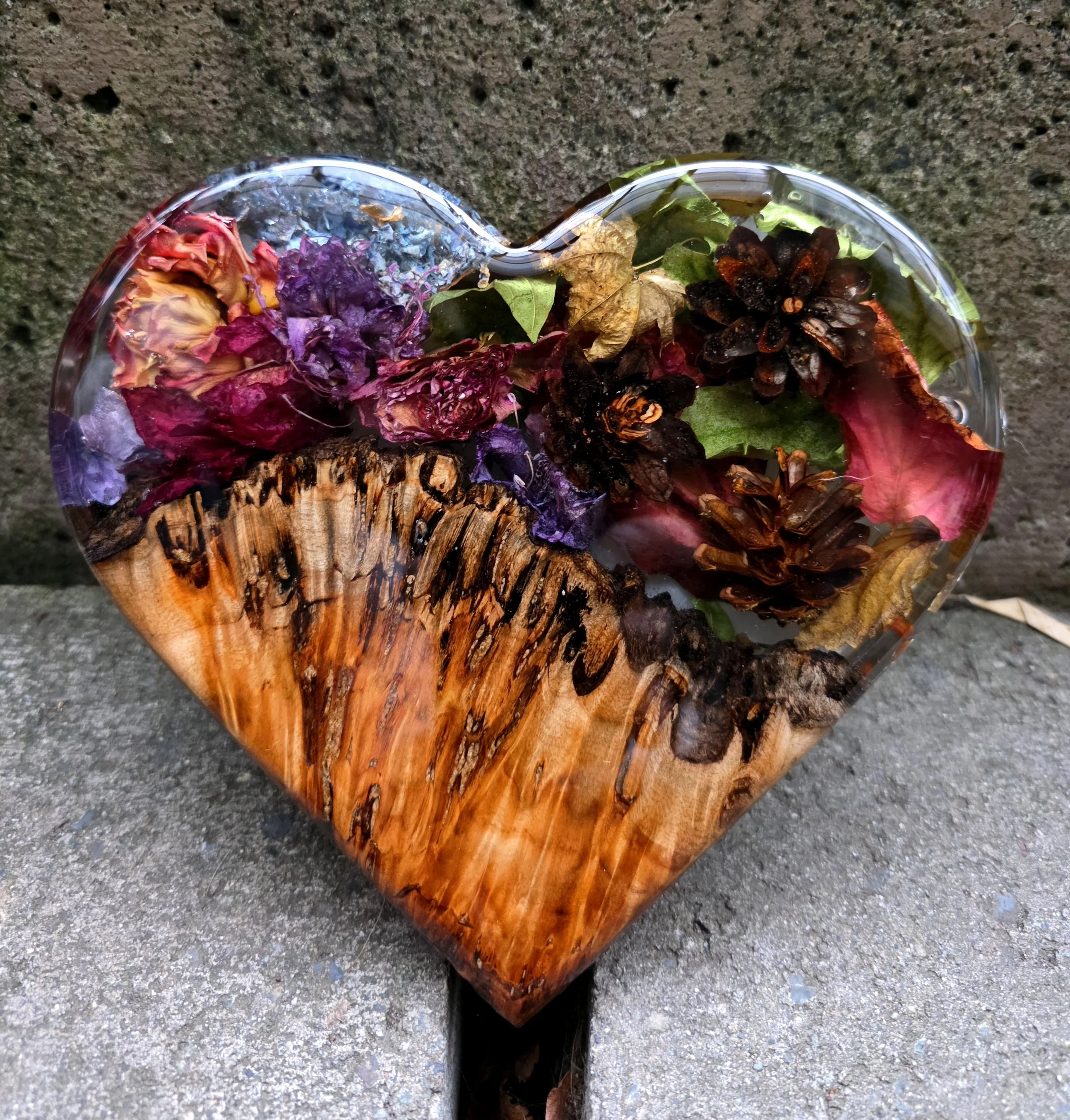 Epoxy resin heart with live edge wood and dried flowers