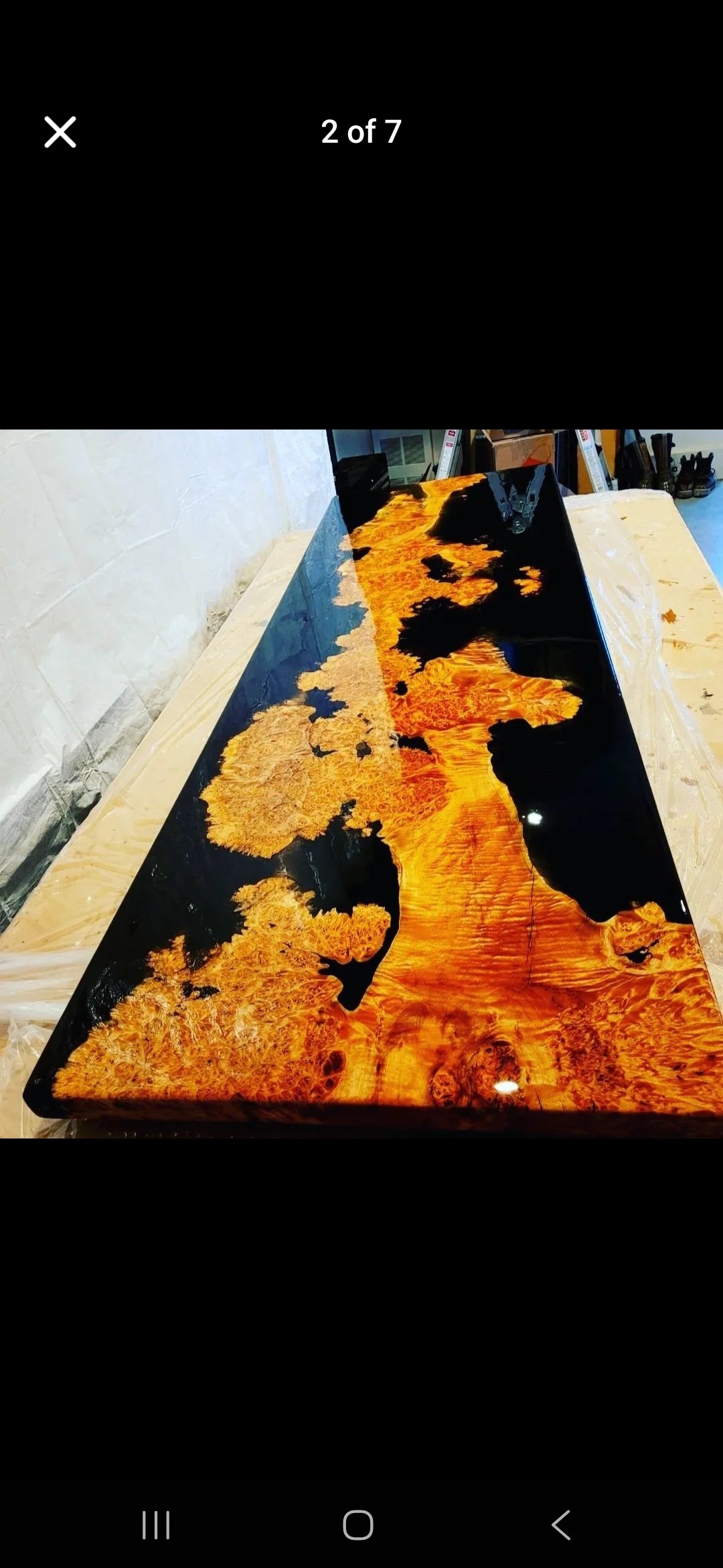 Live edge wood and epoxy dining table - Highly figured maple burl and black epoxy table