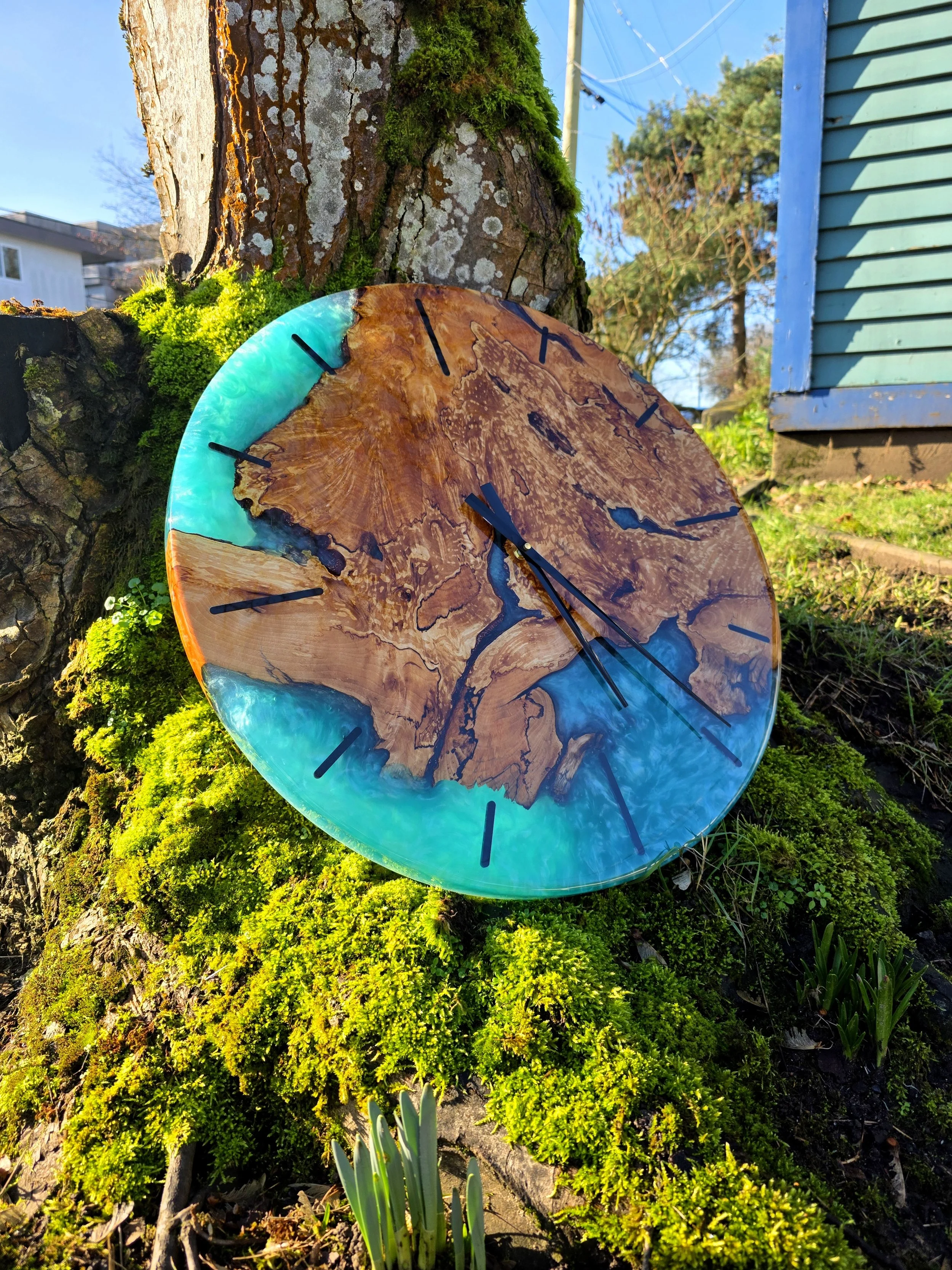 24" green epoxy resin clock with live edge burlwood