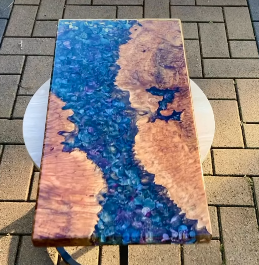 Flower charcuterie board with live maple burl wood, epoxy resin, and dried flower petals