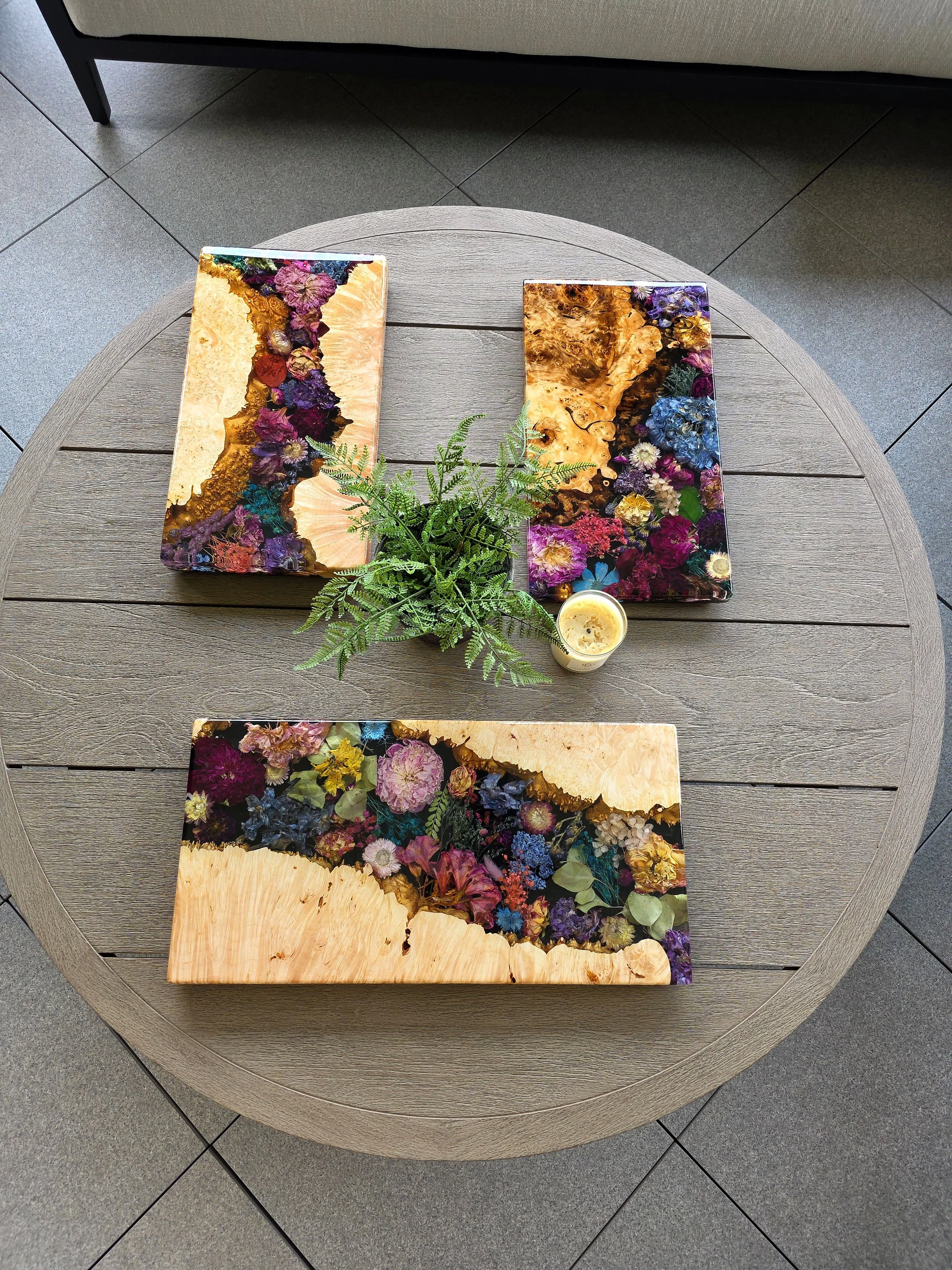 Flower charcuterie board made with live edge maple wood, epoxy resin charcuterie board, and preserved flowers