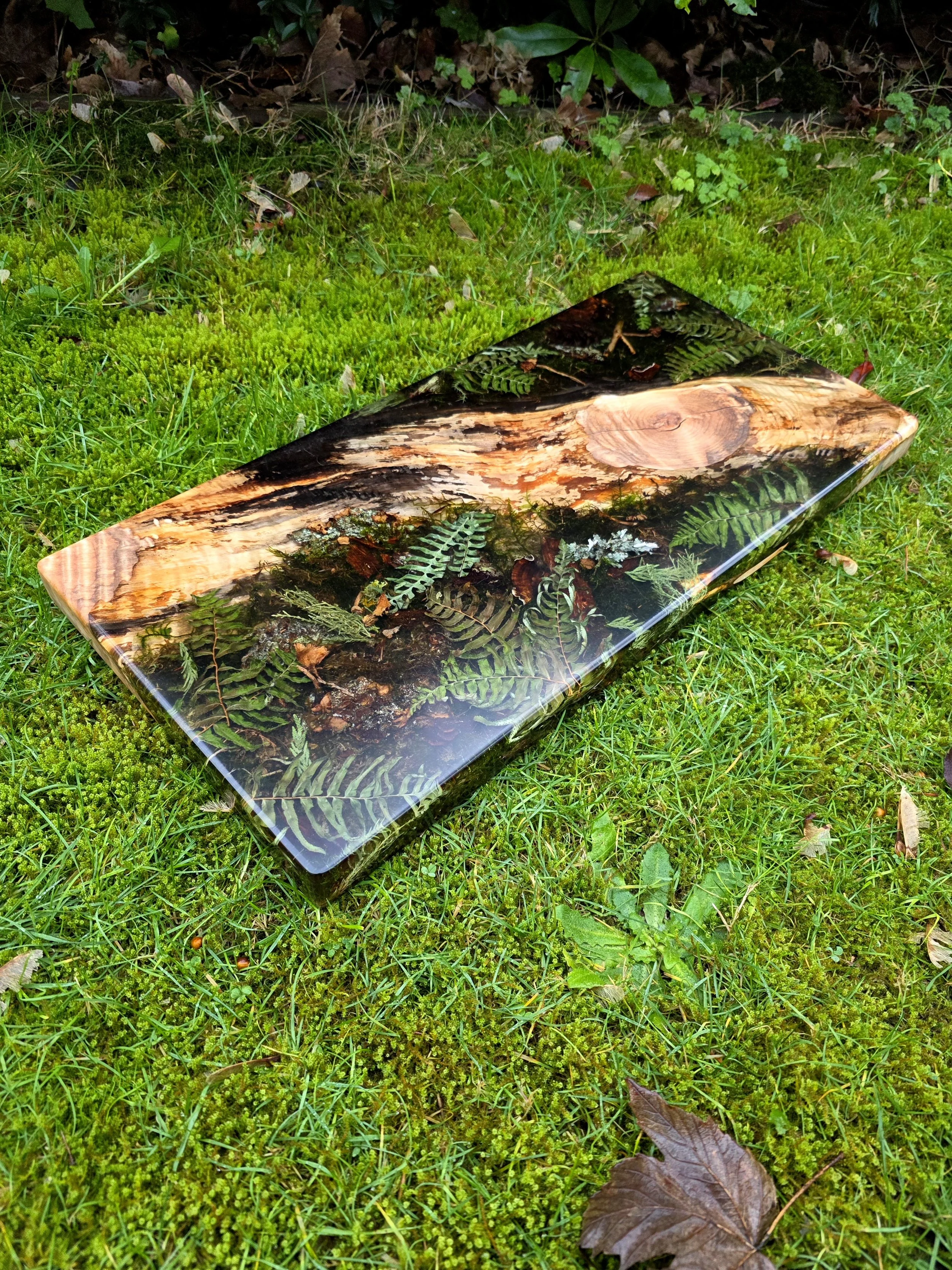 Resin Charcuterie board with moss art spalted maple live edge wood forest art