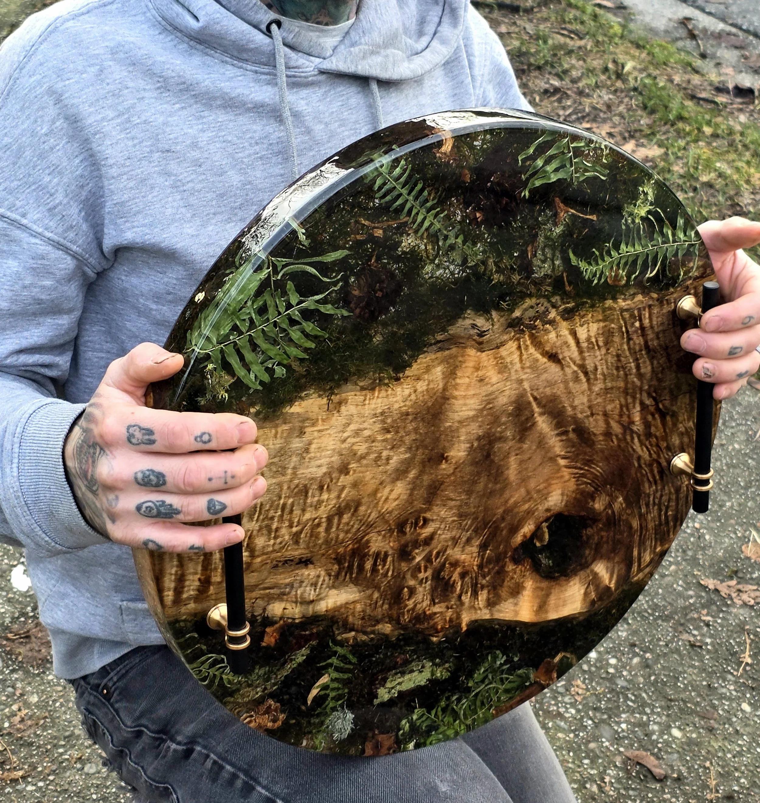 resin charcuterie board - maple burl and moss art with ferns and mushrooms
