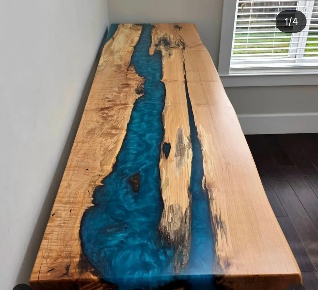 Live edge wood and epoxy resin console table - Figured maple and blue epoxy table