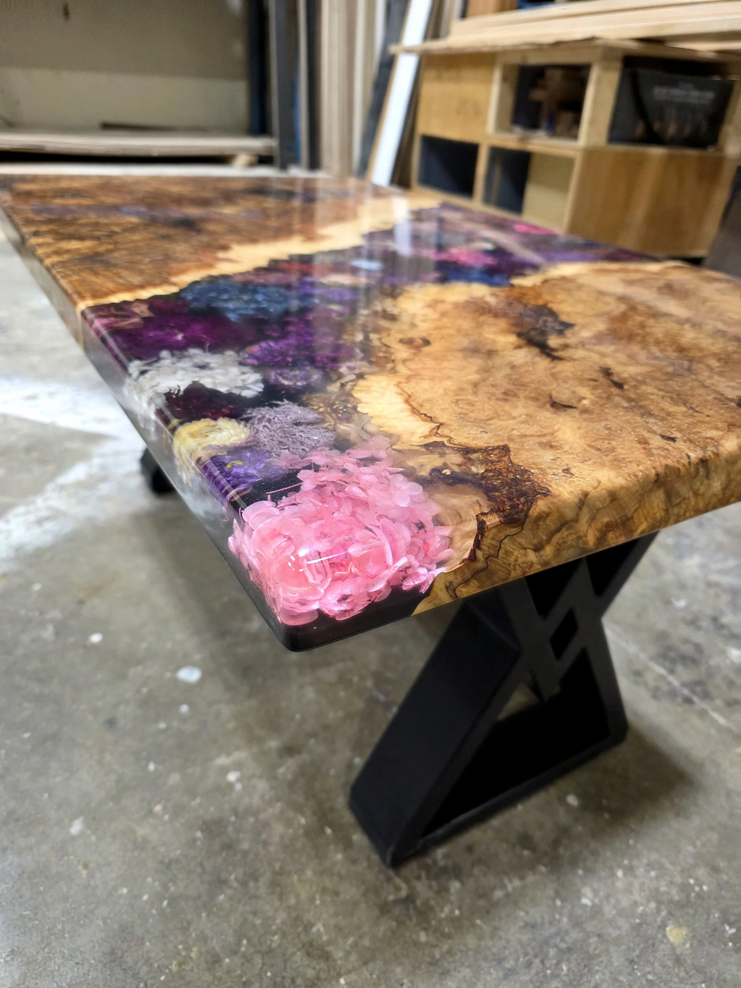 Resin table with maple burl live edge wood and dried flowers