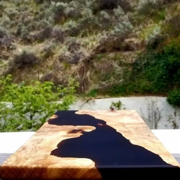 Resin charcuterie board for Corporate gift orders made with maple burl live edge wood and smokey resin