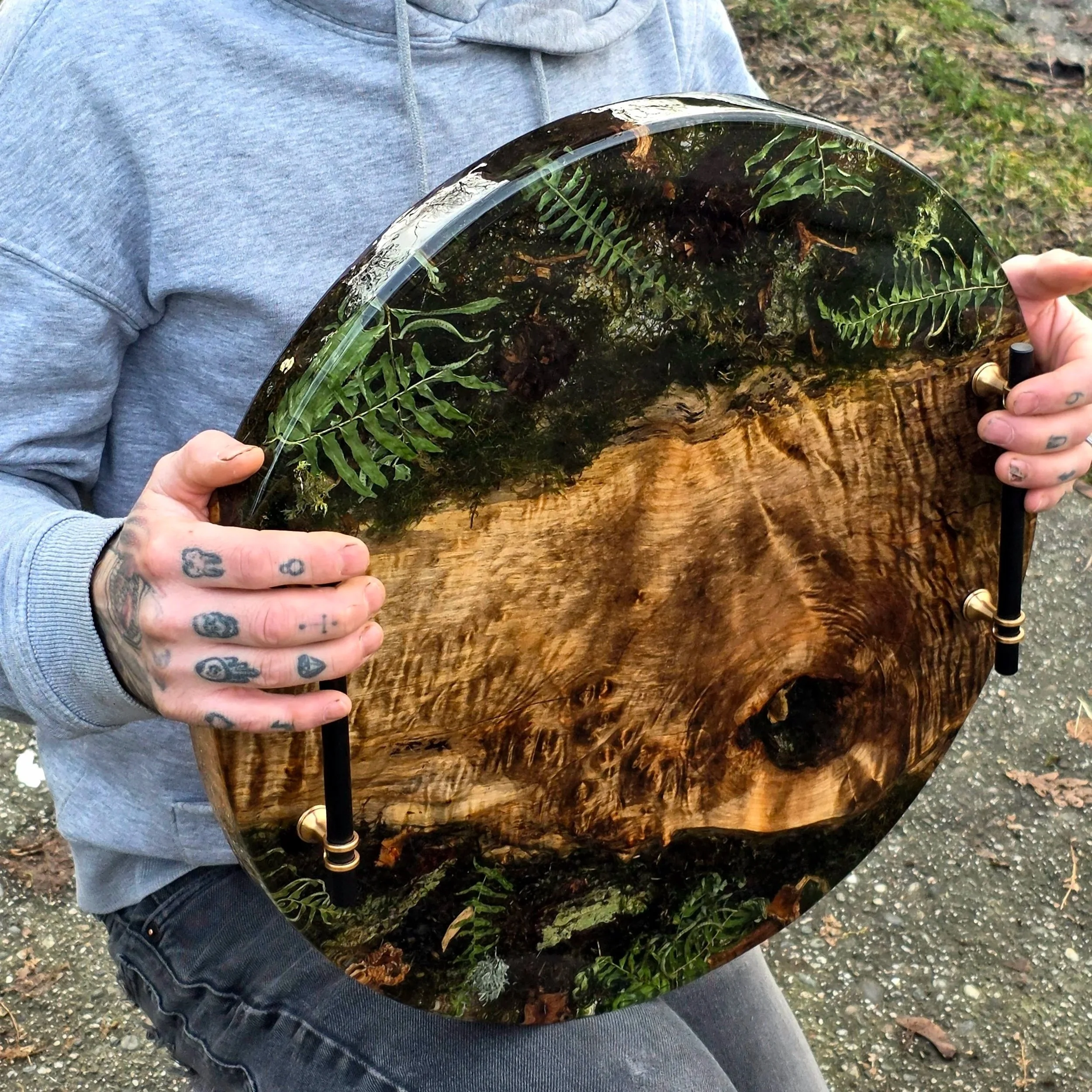 Resin Charcuterie board for corporate gifts made with maple burl live edge wood and real moss art forest art