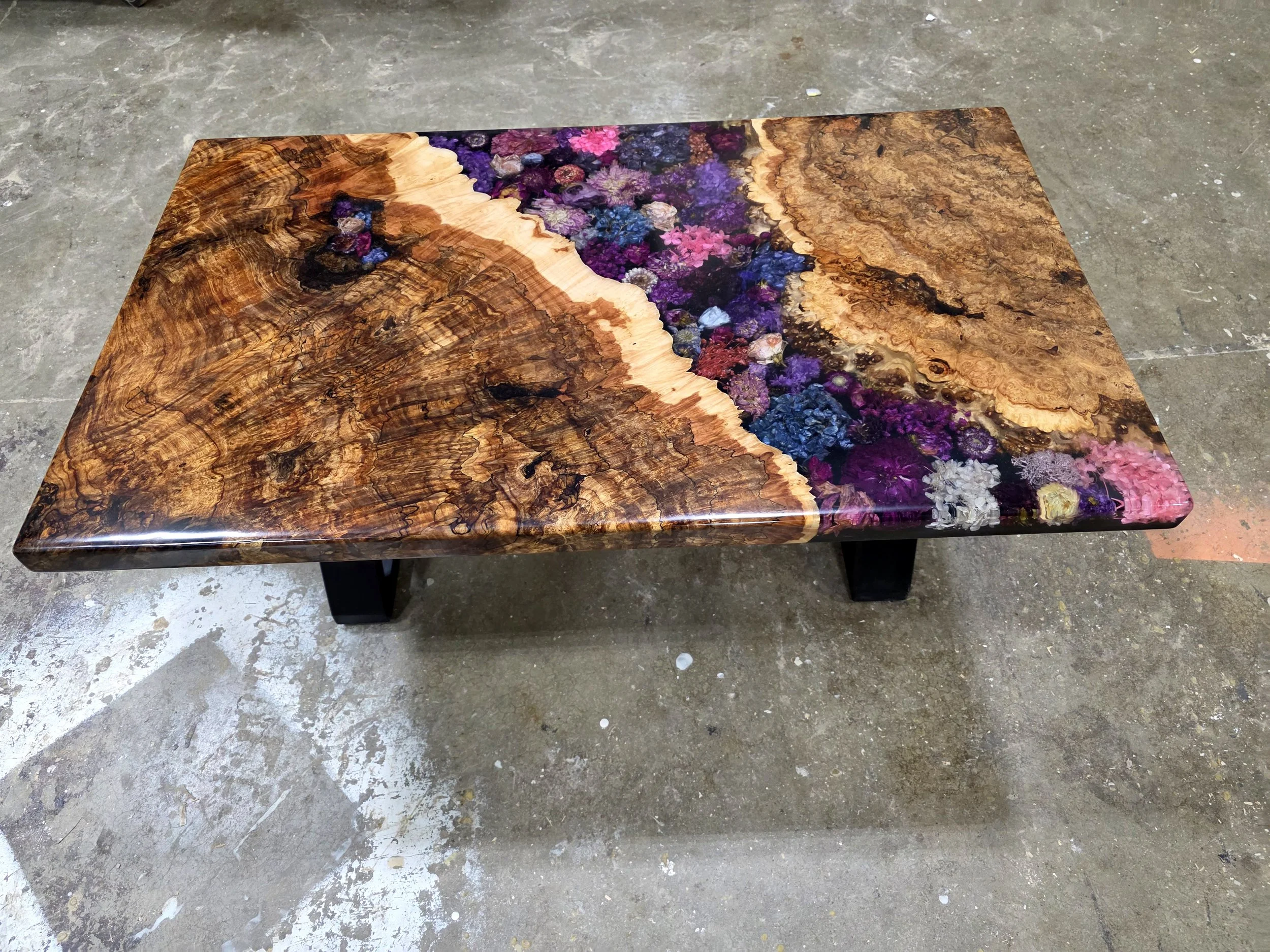 Live edge wood and epoxy resin table - Figured maple burl with dried flowers