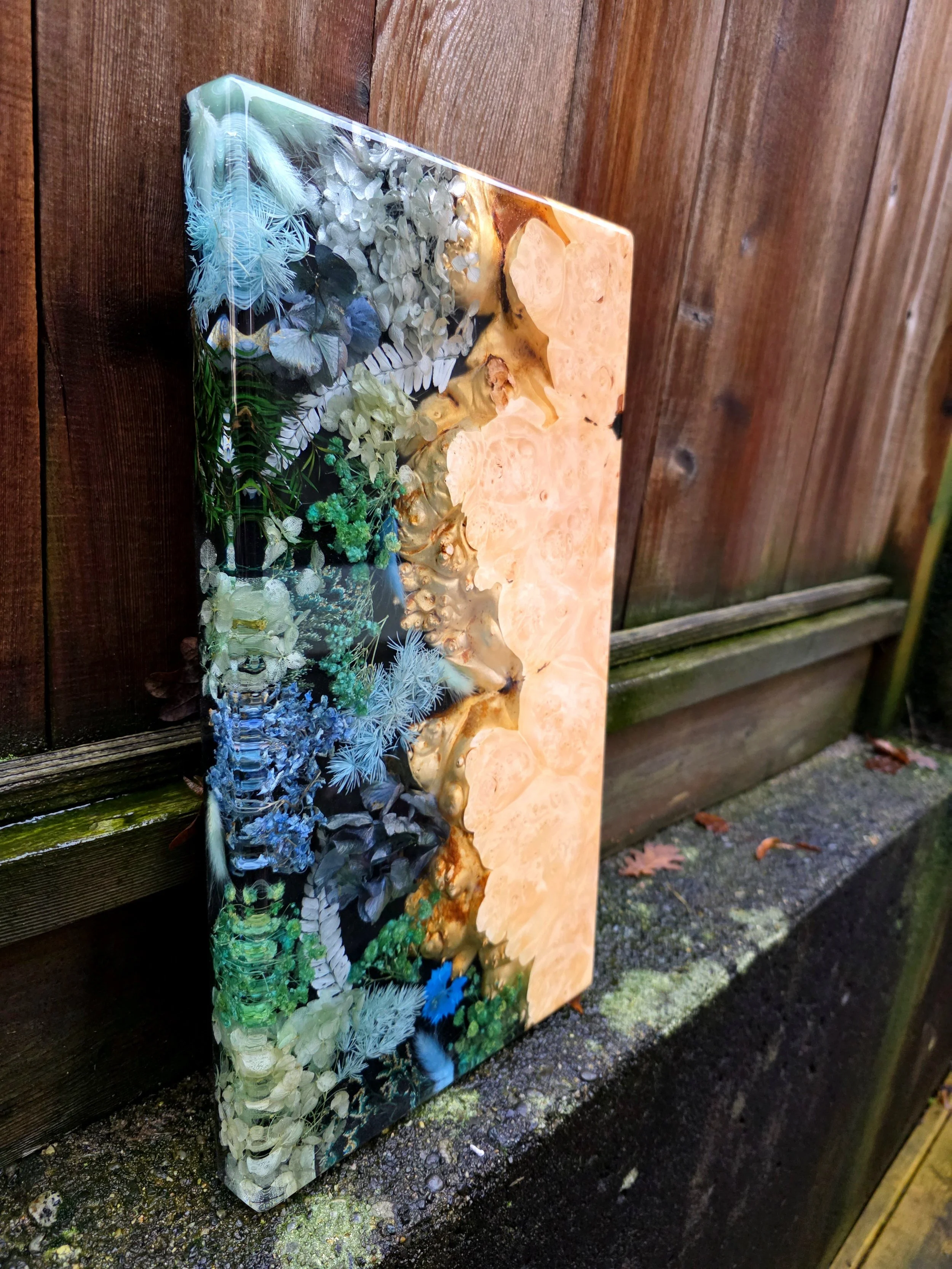 Moss art live edge forest resin art - forestscape resin charcuterie board with maple burl