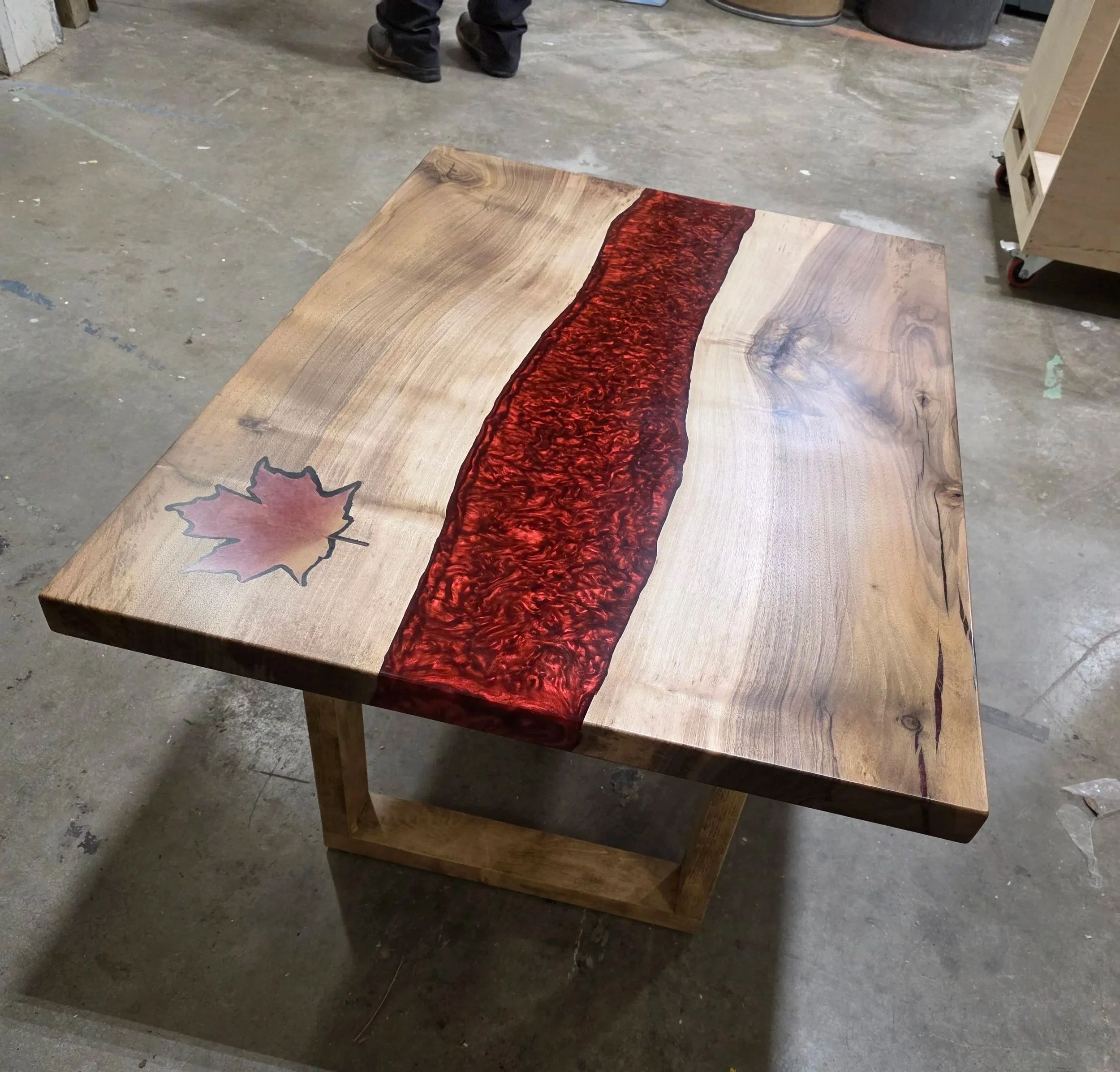 Live edge wood and resin table - english walnut and red epoxy resin river table