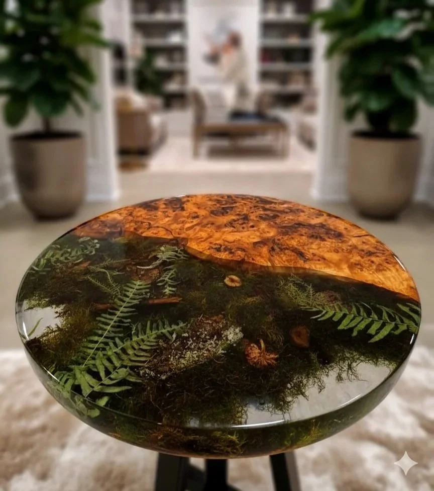 Resin Furniture with live edge wood and moss art with ferns and forest mushrooms
