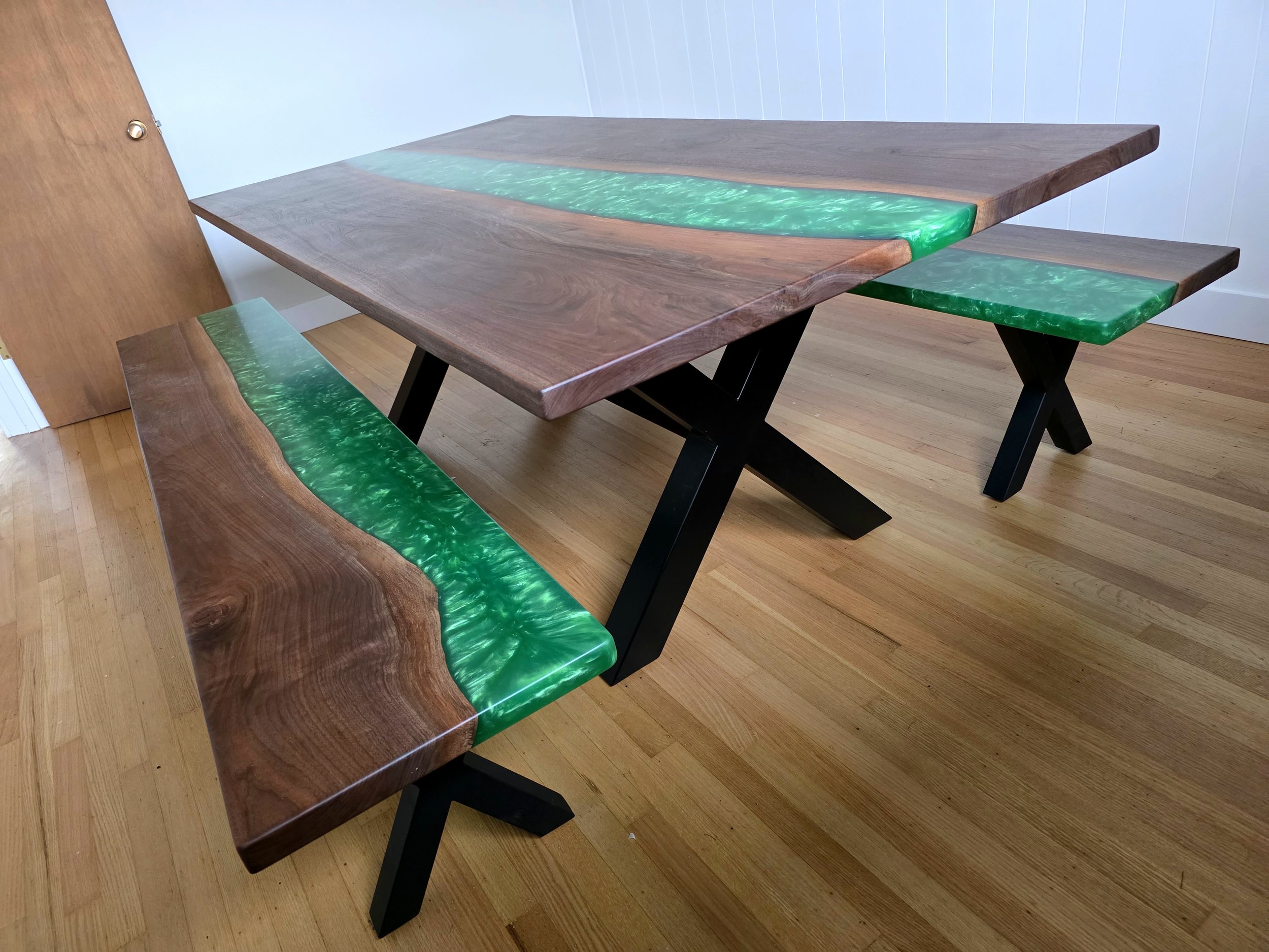 Live edge wood and epoxy dining table - black walnut and green resin river table