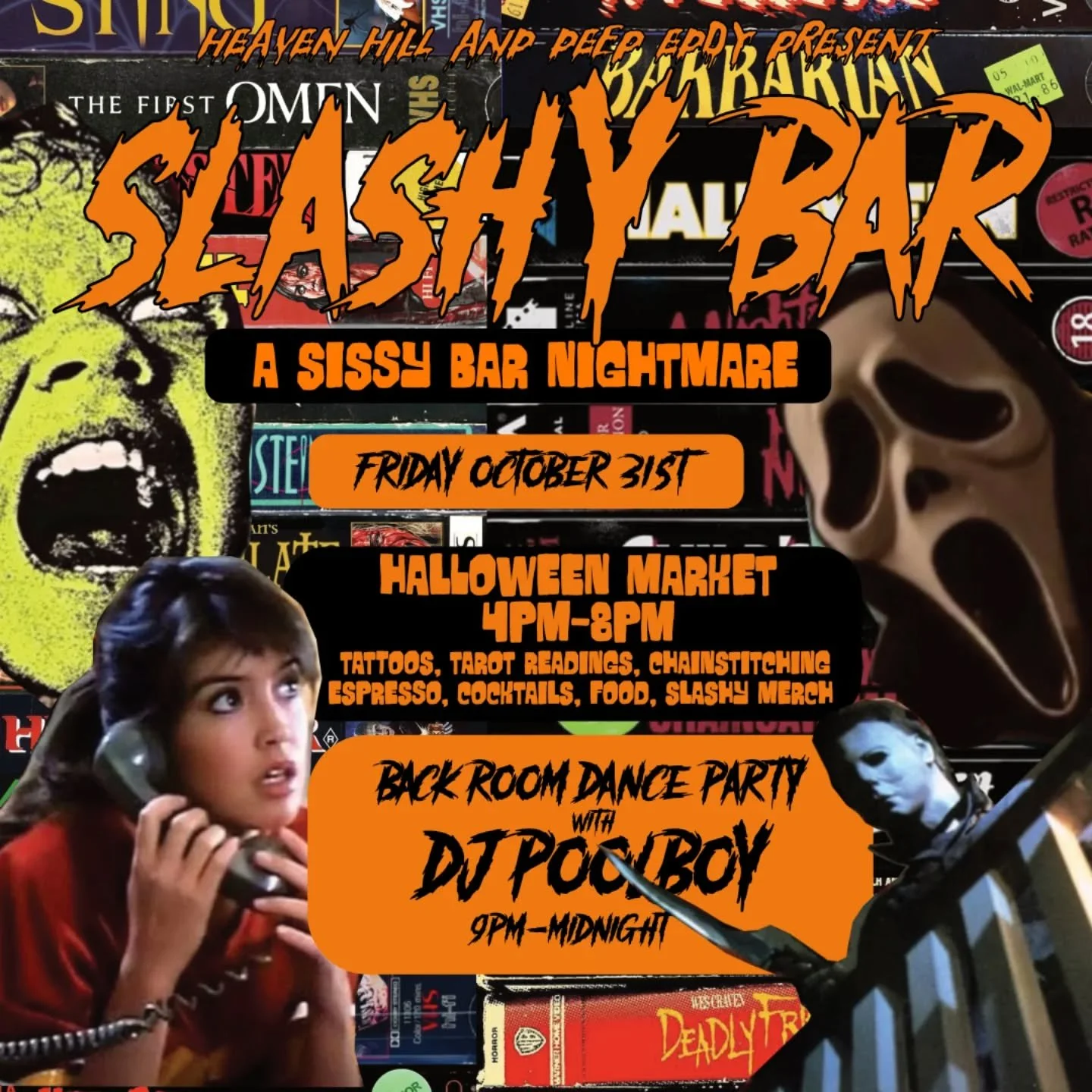 Slashy Bar a Sissy Bar Nightmare will be coming at you this Halloween season with an epic Halloween blowout on Friday the 31st! 

From 4-8pm on Halloween night we will be hosting a market with tattoos from Shon Lindauer, Tarot readings by Spellmans, 