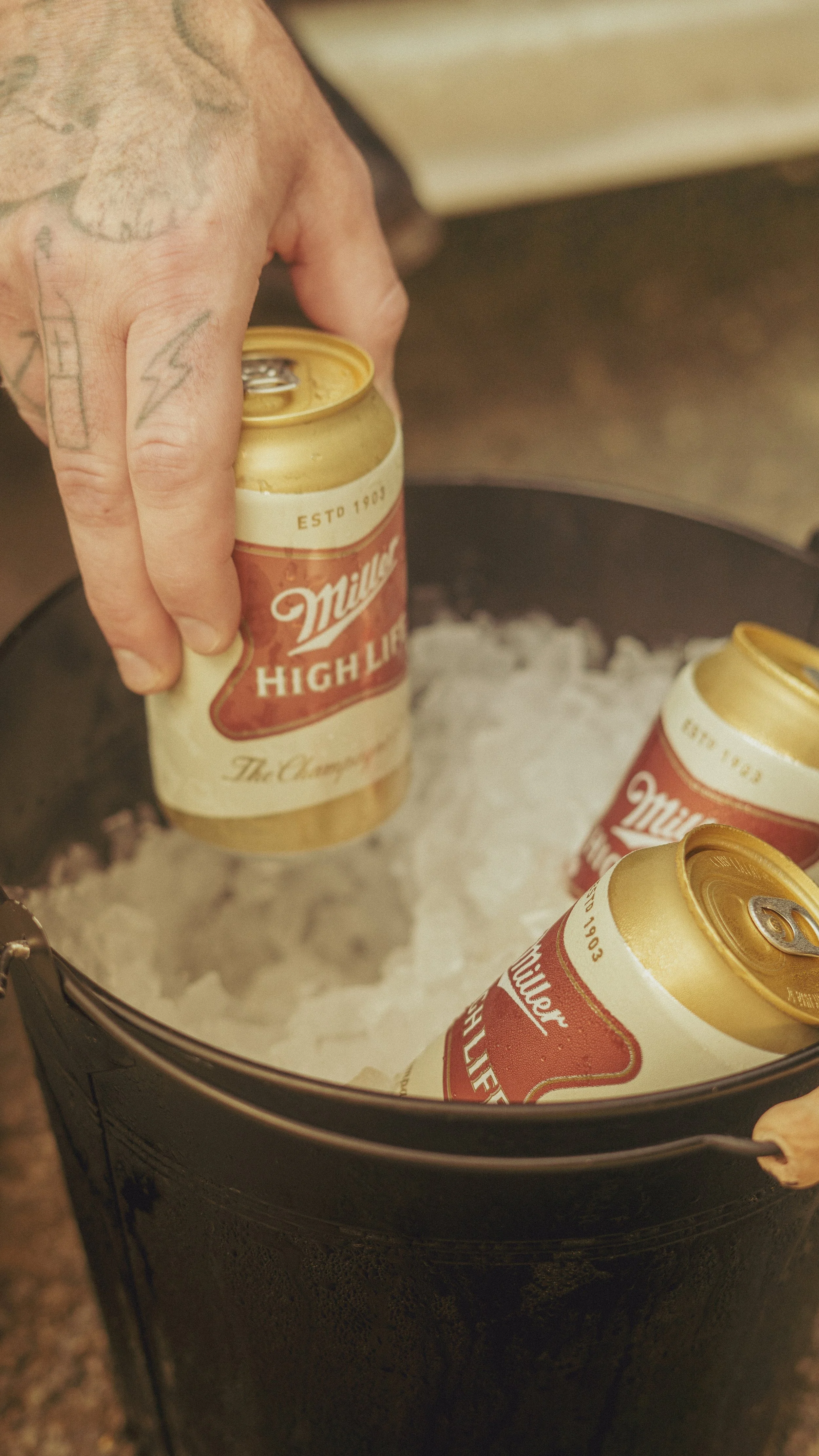 A person with tattoos on their hand is placing a can of Miller High Life beer into an ice chest filled with ice, with other cans of Miller High Life already inside.
