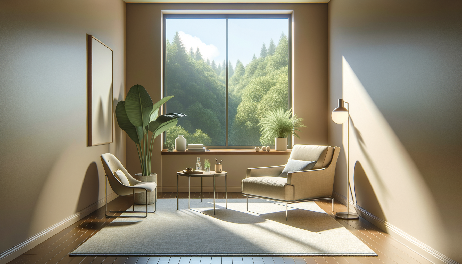 Minimalist living room with beige walls, hardwood floor, large window overlooking lush green forest, beige sofa with grey pillow, armchair, small coffee table with decorative items, tall green plants, framed artwork, and modern standing lamp.