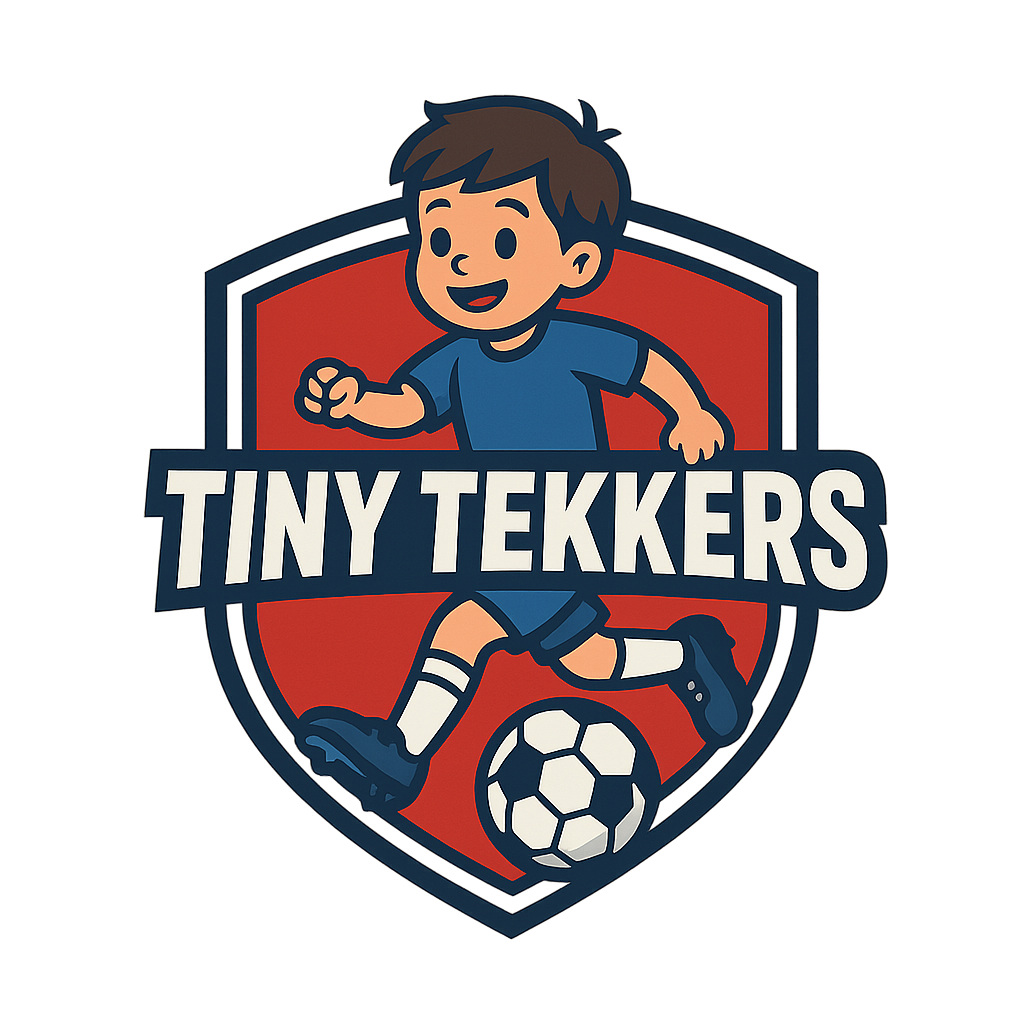 A cartoon logo of a boy playing soccer, with a shield background, the text 'Tiny Tekkers', and a soccer ball at his feet.
