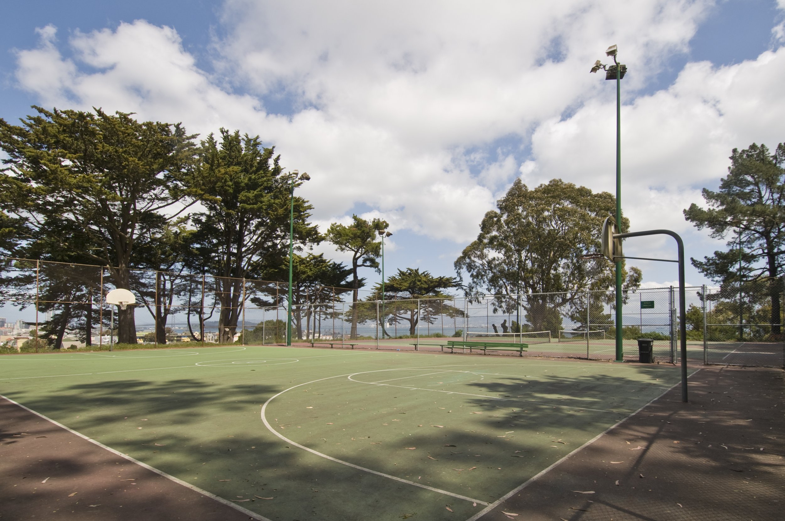 Empty outdoor basketball court with green surface, surrounded by trees and fencing, under partly cloudy sky.