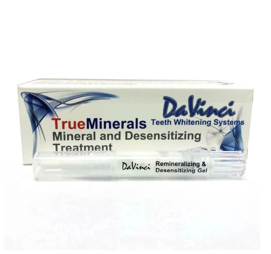 A tube labeled 'DaVinci Remineralizing & Desensitizing Gel' in front of a box labeled 'True Minerals' and 'Mineral and Desensitizing Treatment' from DaVinci, with a white background.