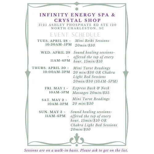 We are looking forward to our event later this month! Please check out the daily itinerary. 🥰  #crystalshopping #crystalshopnearme #crystalshop #metaphysical #northcharleston