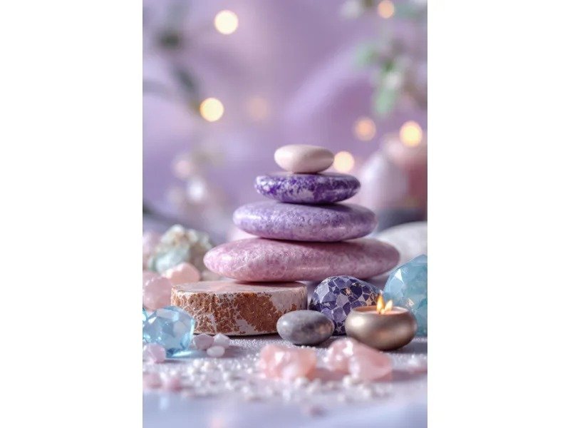 Stacked smooth stones in shades of purple, pink, and white surrounded by crystals and a small lit candle, with blurred lights in the background.