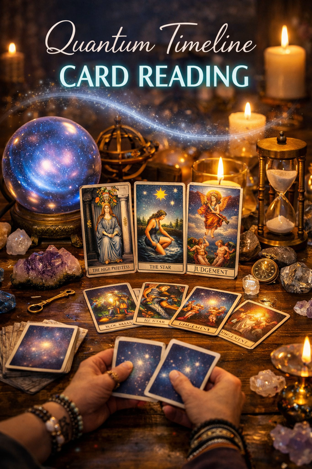 Quantum Timeline Card Reading setup with tarot cards, crystal ball, candles, and mystical light trail at Infinity Energy Spa in North Charleston, SC.