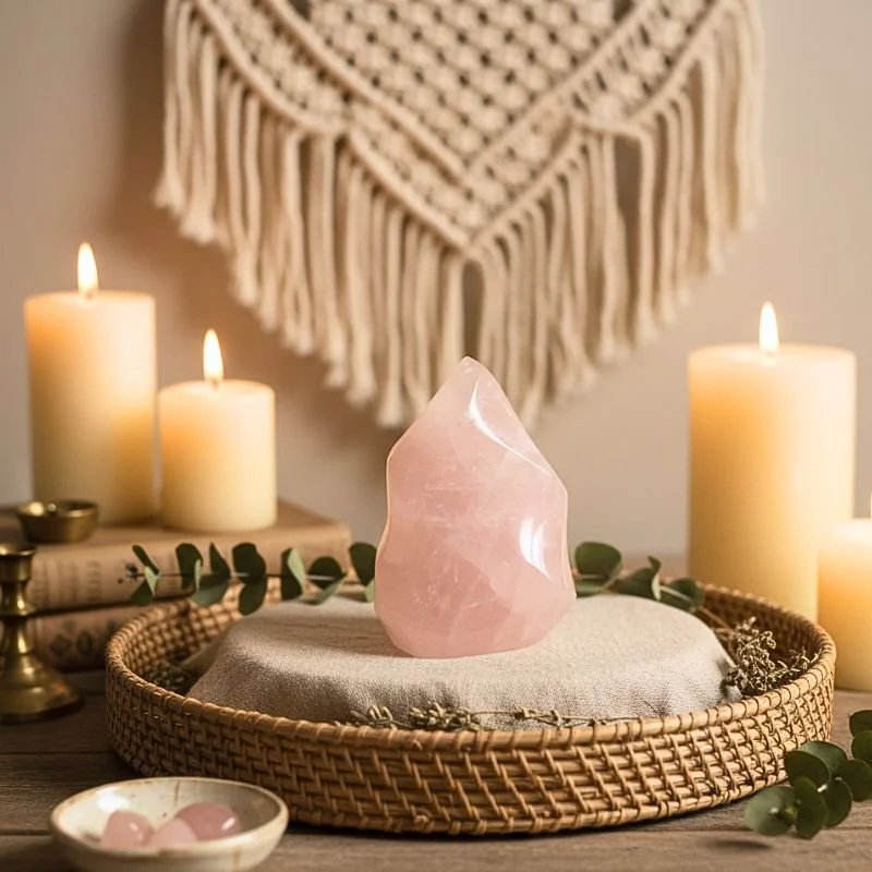 Rose Quartz flame with soft pink glow and polished heart‑healing energy, displayed at Infinity Energy Spa & Crystal Shop.