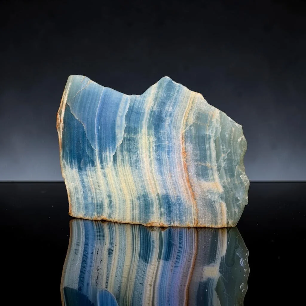 Blue Onyx slab with polished blue banding and grounding energy, displayed at Infinity Energy Spa & Crystal Shop.