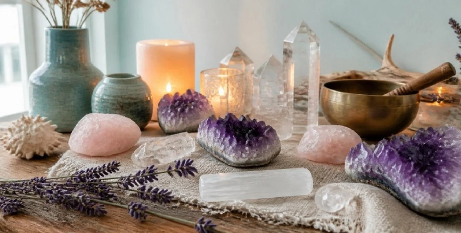 Amethyst, rose quartz, and clear quartz healing crystals with candles, lavender, and a singing bowl - Infinity Energy Spa & Crystal Shop North Charleston
