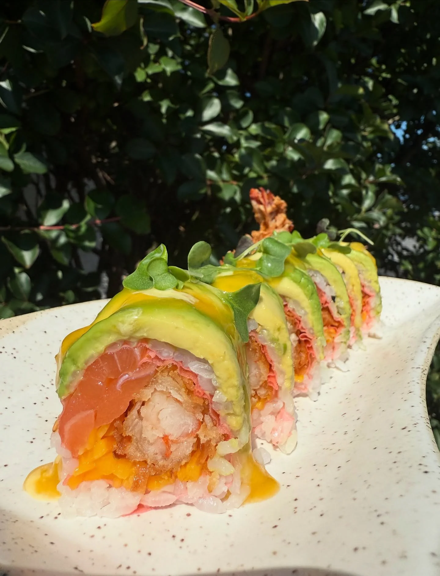 Mucho Mango Roll - Avocado, shrimp tempura, salmon, mango, mango aioli &amp; mango coulis
