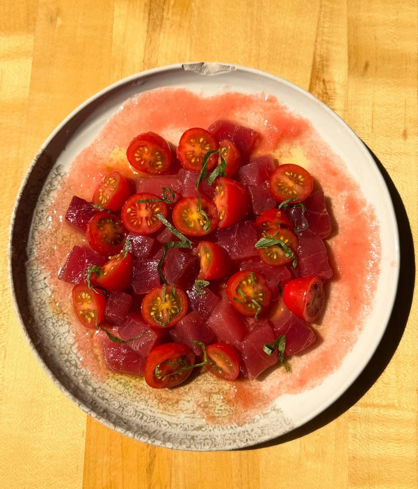 Tuna &amp; Tomato Crudo - cherry tomatoes, tuna, olive oil, shiso &amp; tomato water